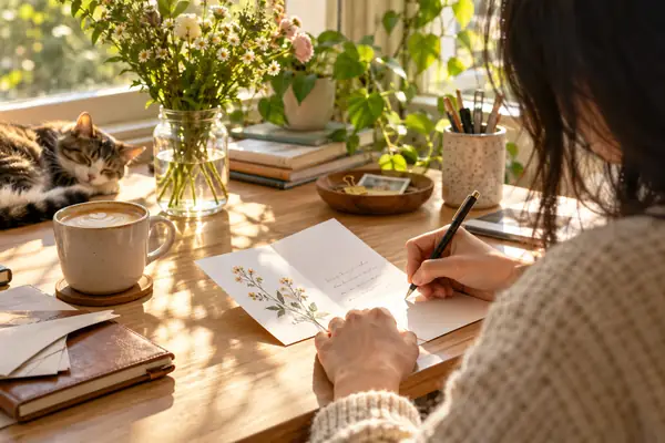 A bright desk with a handwritten greeting card and morning sunlight.