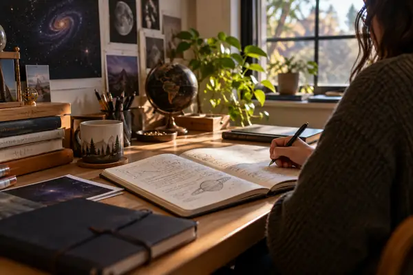 A neat classroom desk with science notes and a softly lit window.