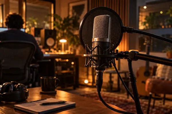 A close-up of a studio microphone in a warmly lit recording room.