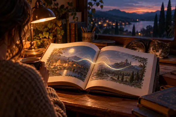 An open storybook under soft lamplight with a calm evening atmosphere.